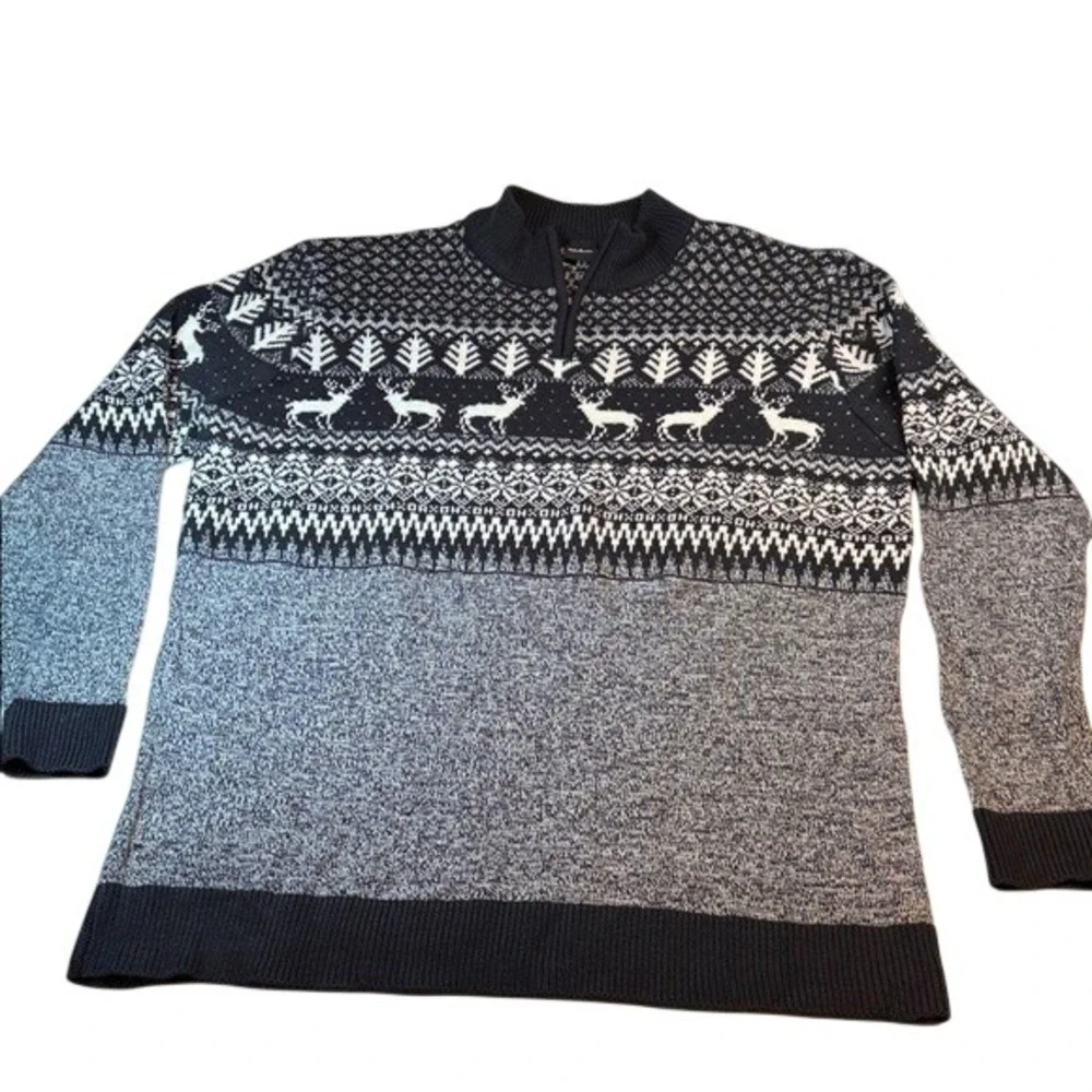 Jake Austin 4XL Sweater 1/4 Zip Navy White Reindeer Tree Ski Fair Isle Men's 4XL